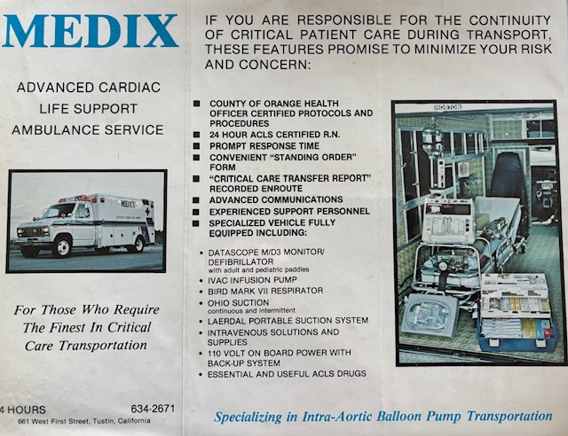 Original Medix brochure, early 1980s — listing Advanced Cardiac Life Support services, 24-hour ACLS certified R.N., and the address at 661 West First Street, Tustin, California