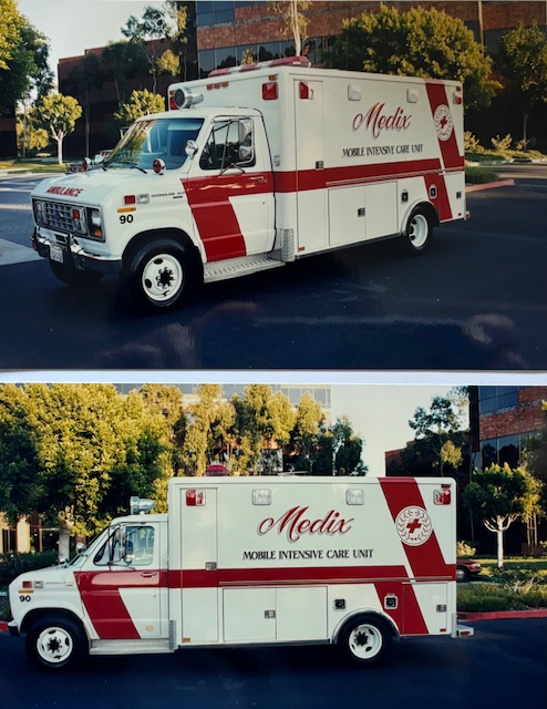 Two Medix Mobile Intensive Care Unit ambulances — white body with bold red stripe — parked outside the Tustin, California headquarters